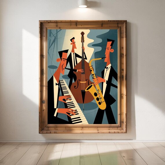 Mid Century Modern Cartoon Jazz Band Trio Illustration Poster