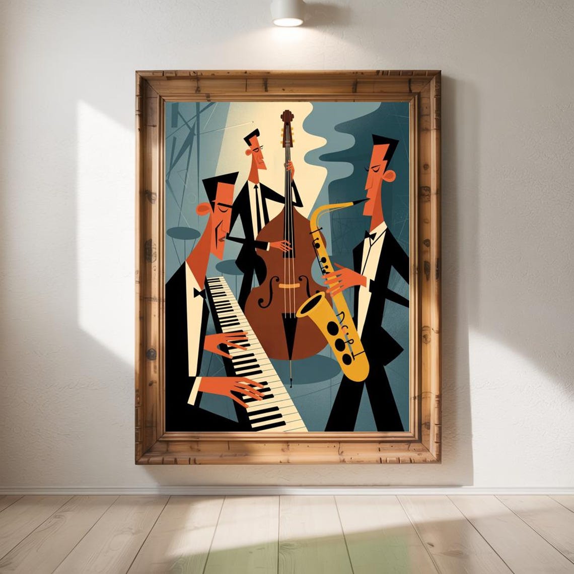 Mid Century Modern Cartoon Jazz Band Trio Illustration Poster