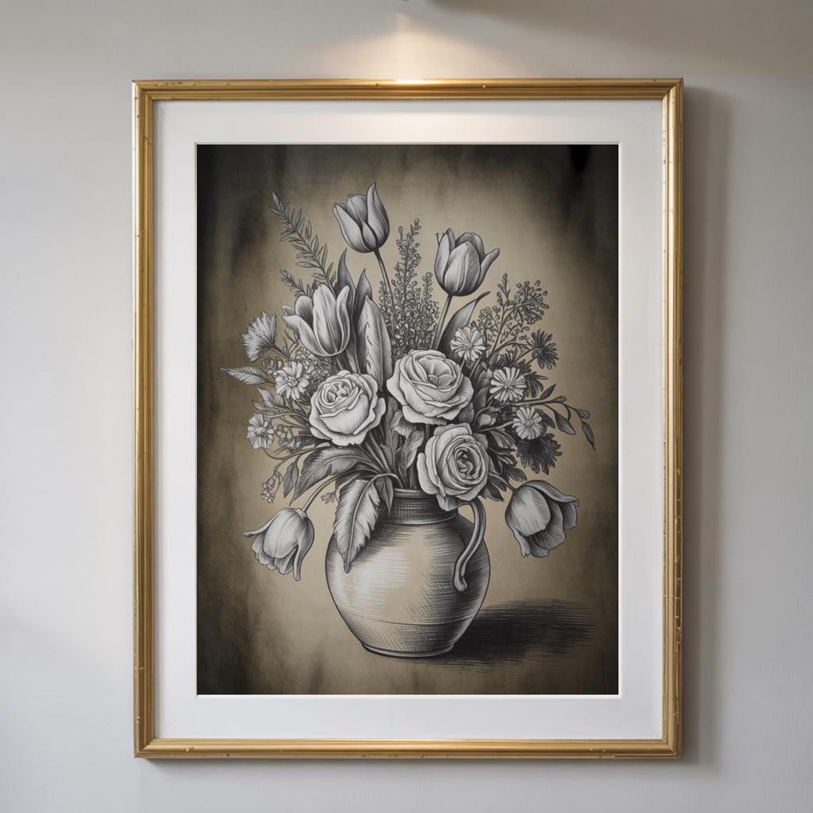 Charcoal Botanical Bouquet Roses Tulips Sepia Still Life Wall Art - Image 2