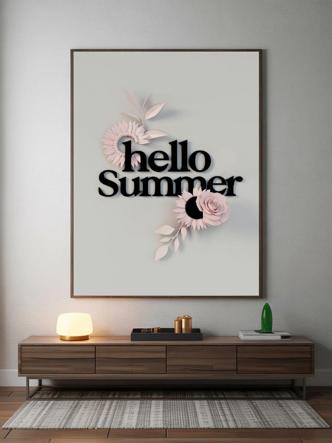 Hello Summer Bold Serif Pink Paper Cut Sunflower Minimal Modern Poster - Image 3
