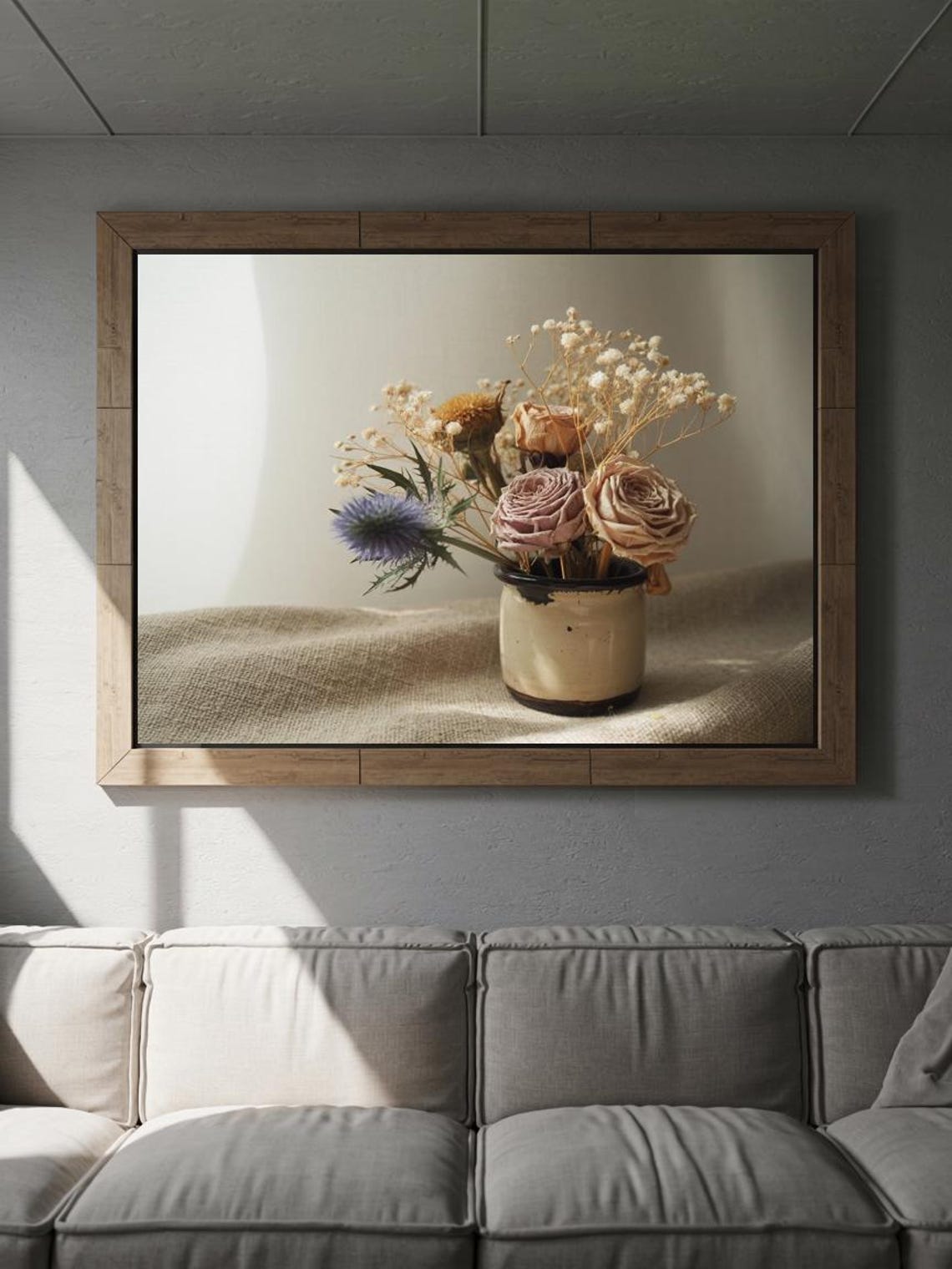 Dried Roses Thistle In Vintage Pot Warm Rustic Still Life Print