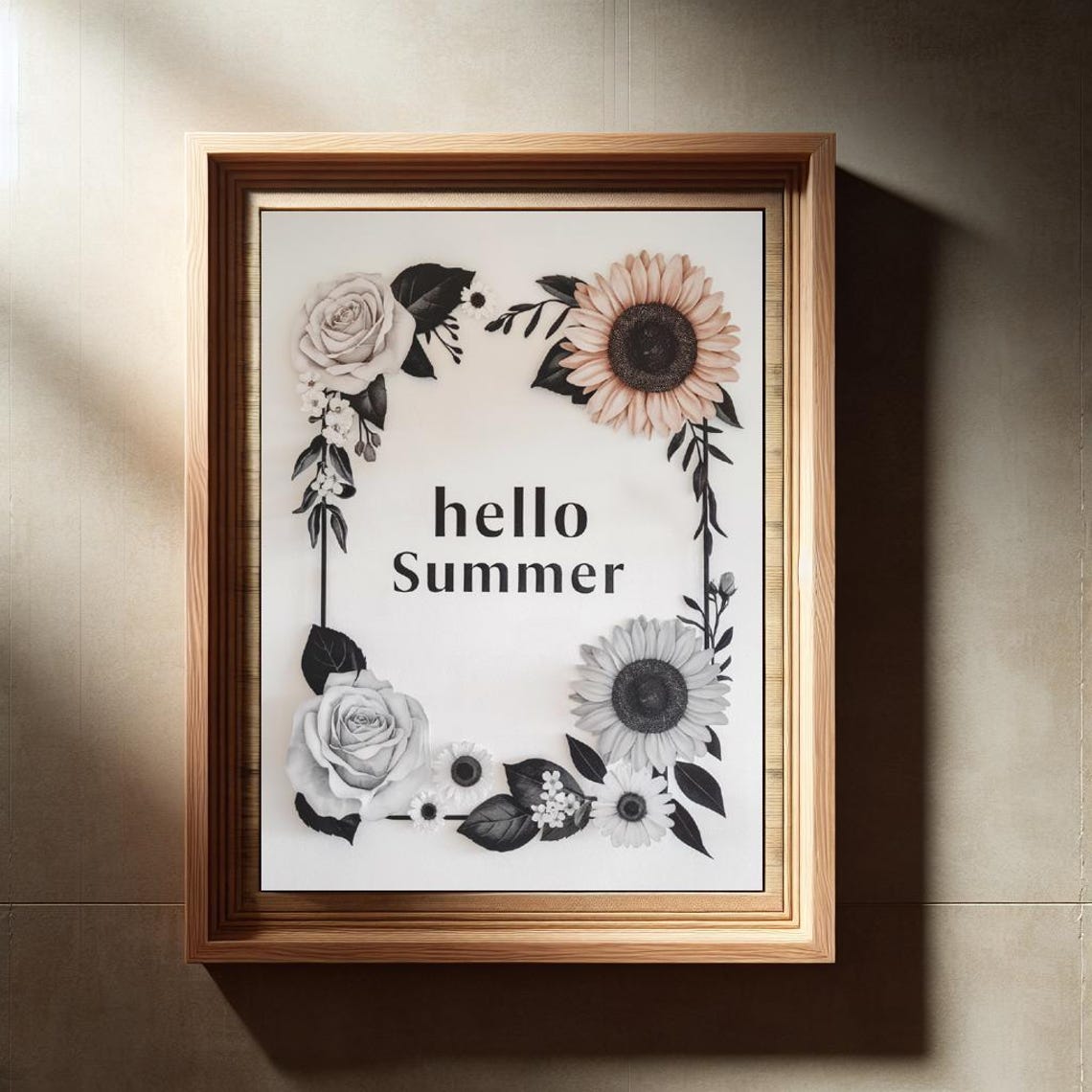Hello Summer Monochrome Floral Border Rose Sunflower Elegant Poster - Image 3