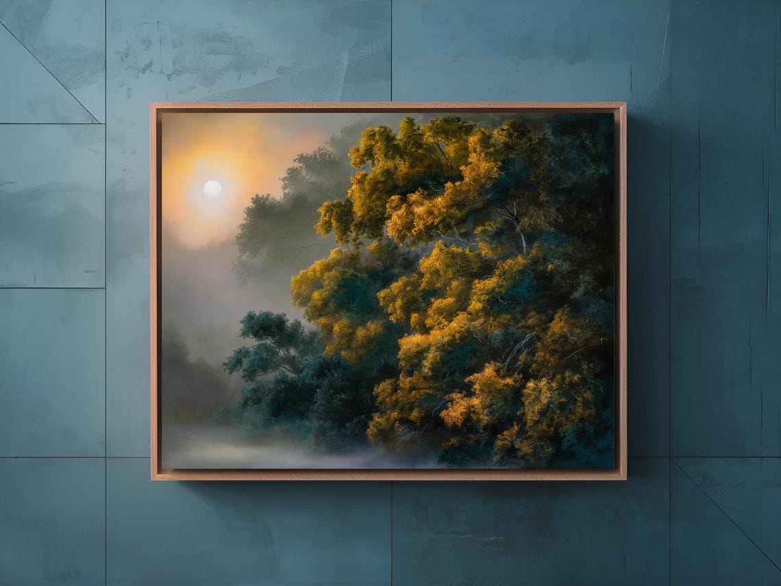 Golden Sunlight Through Foggy Forest Trees Morning Mist Poster - Image 2