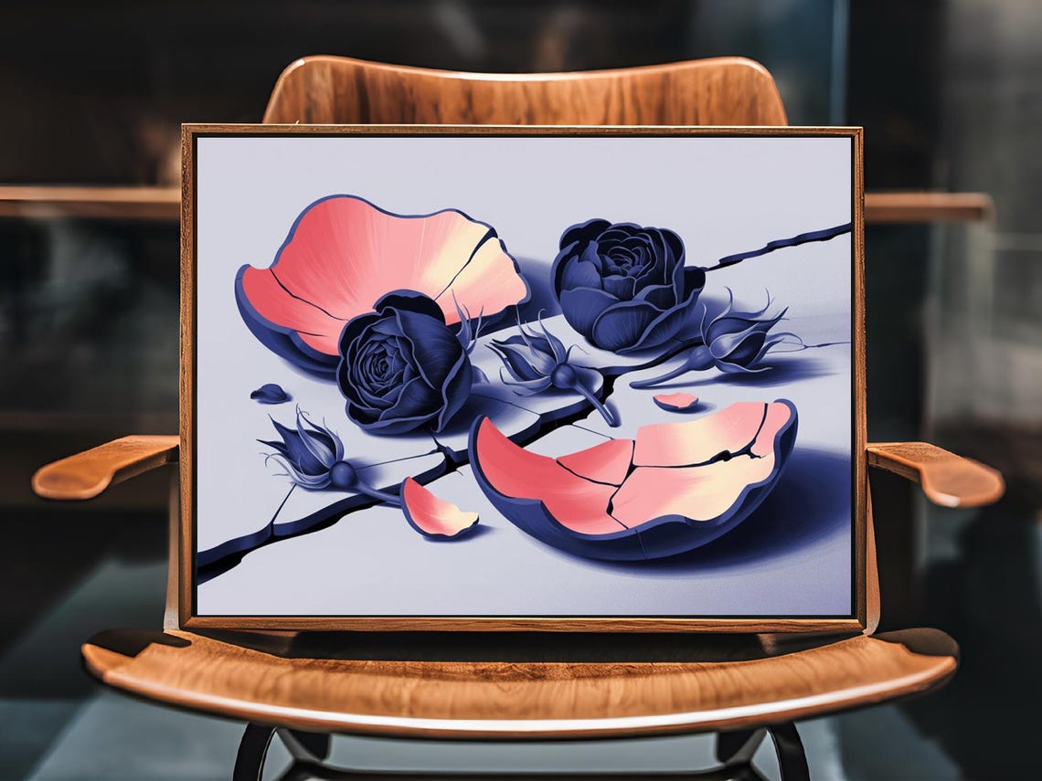 Indigo Blue Dried Roses With Cracked Pink Petals Floral Wall Art - Image 3