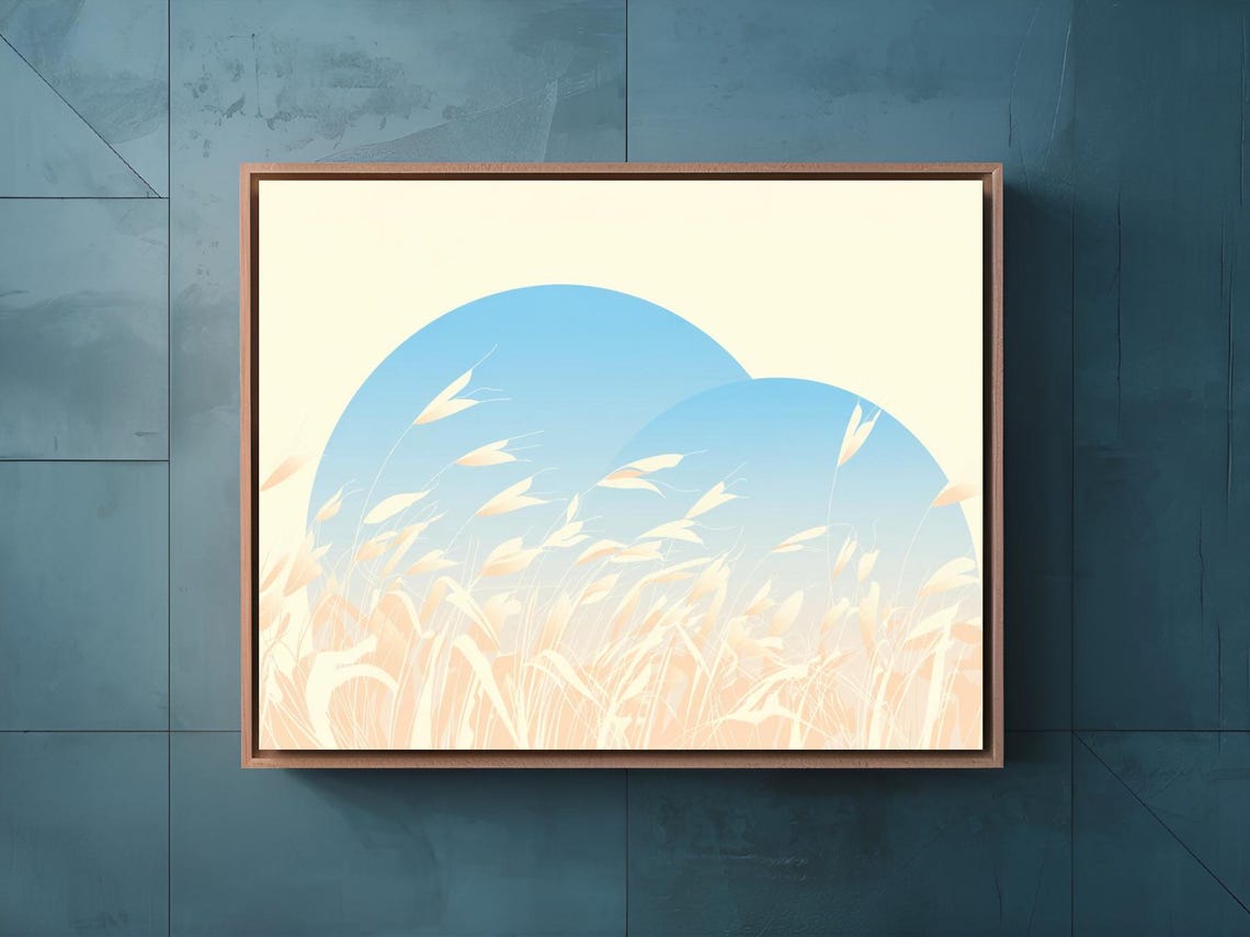Double Blue Sun Rising Pale Grass Minimalist Japanese Style Print