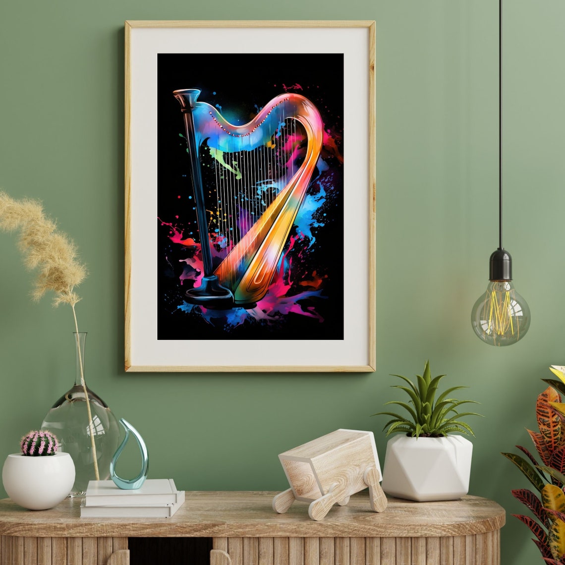 Colorful Standing Harp Watercolor Splash Black Background Poster - Image 3