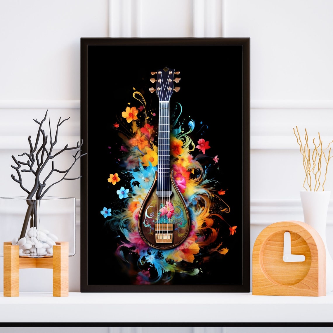 Baglama Turkish Lute Floral Watercolor Black Background Poster - Image 3