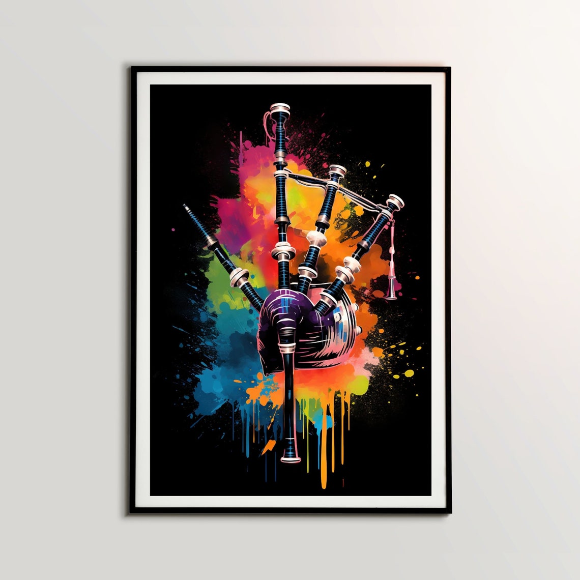 Scottish Bagpipes Watercolor Splash Black Background Music Poster