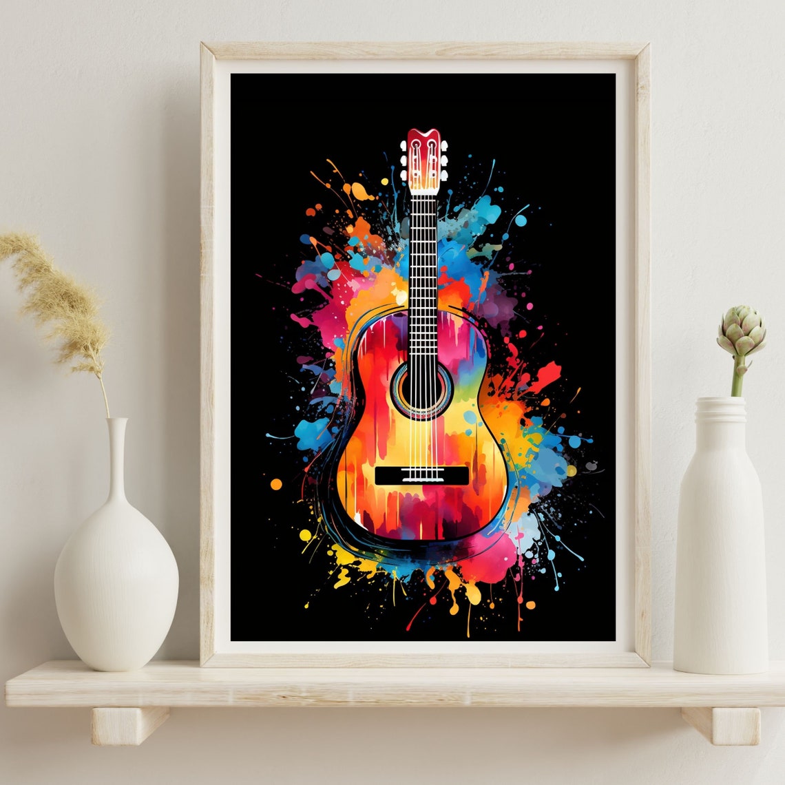 Acoustic Guitar Watercolor Splash Rainbow Black Background Poster - Image 2