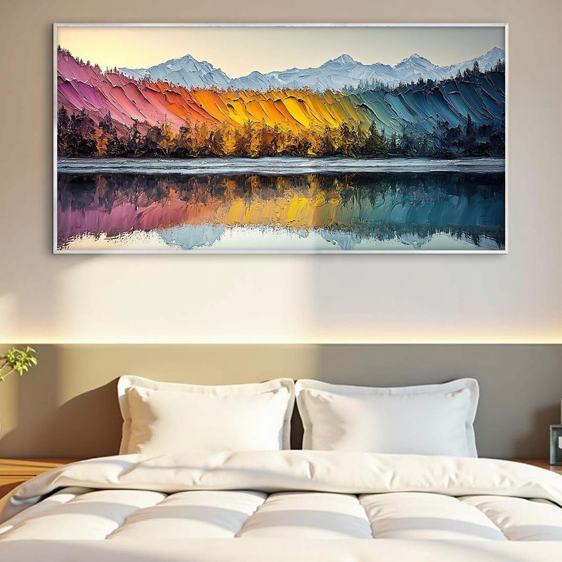 Colorful Rainbow Mountains Lake Reflection Impasto Nature Art Poster - Image 5