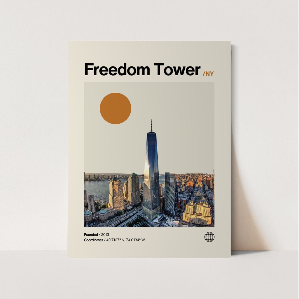 Freedom Tower NYC Minimalist Mid Century Modern Skyline Sun Poster