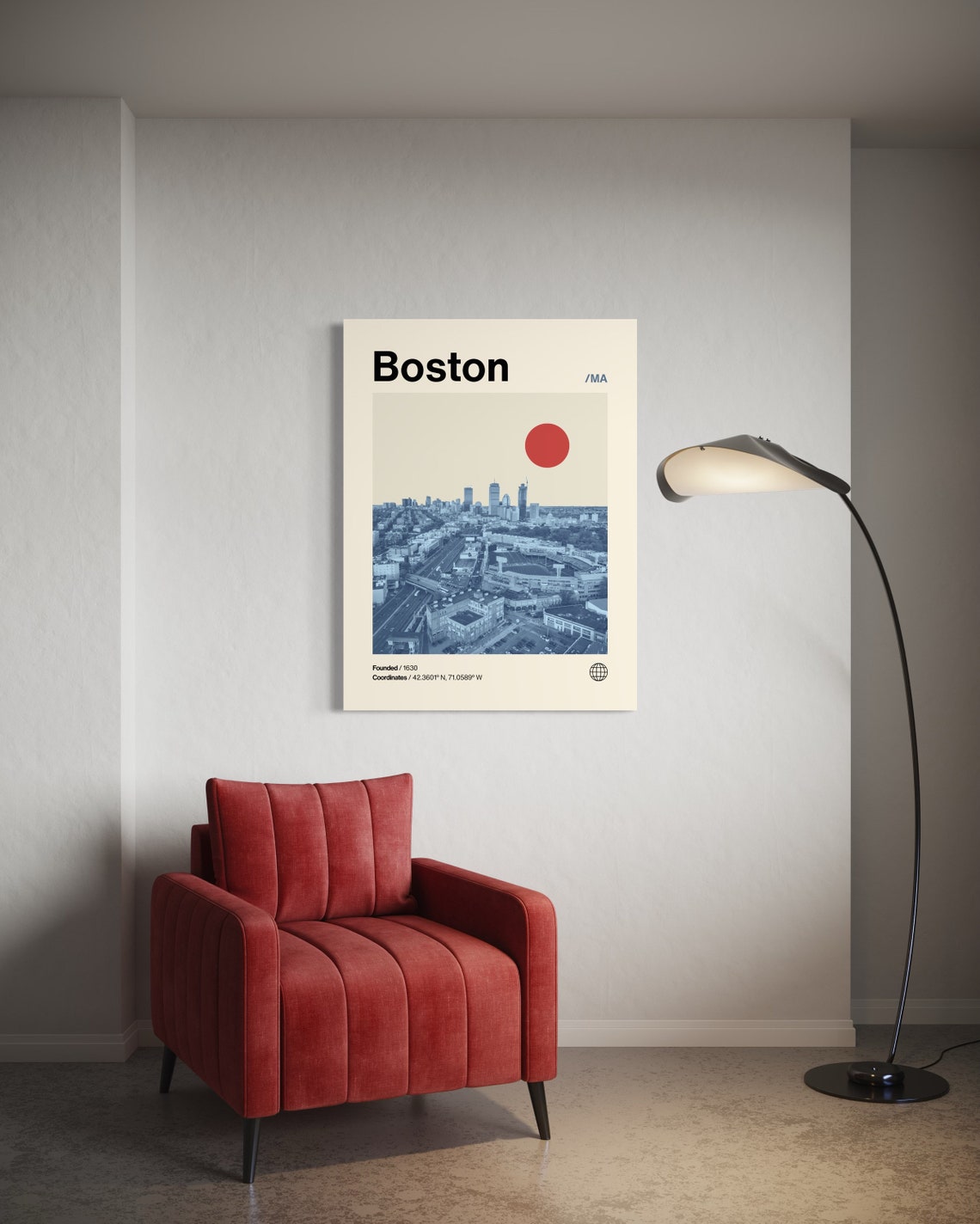 Boston Massachusetts Skyline Monochrome Blue Aerial Mid Century Poster - Image 2