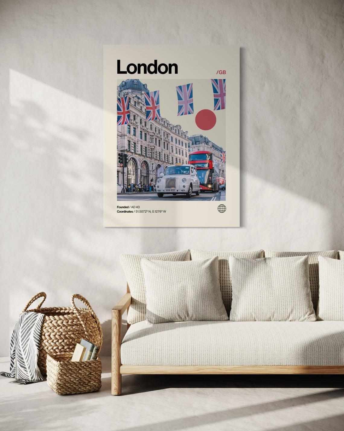 London England Black Cab Red Bus Union Jacks Mid Century Modern Poster - Image 2