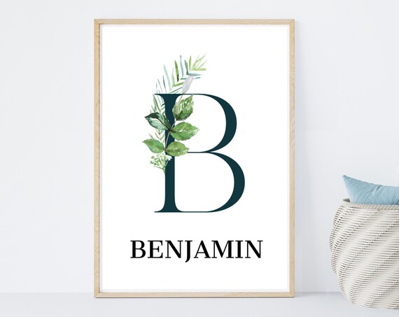 Personalized Botanical Initial Name Benjamin Floral Monogram Poster