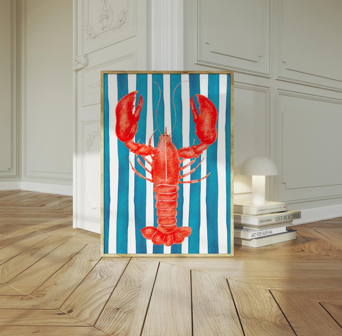 Watercolor Red Lobster Poster on Teal Coastal Stripe Background Design - Image 2
