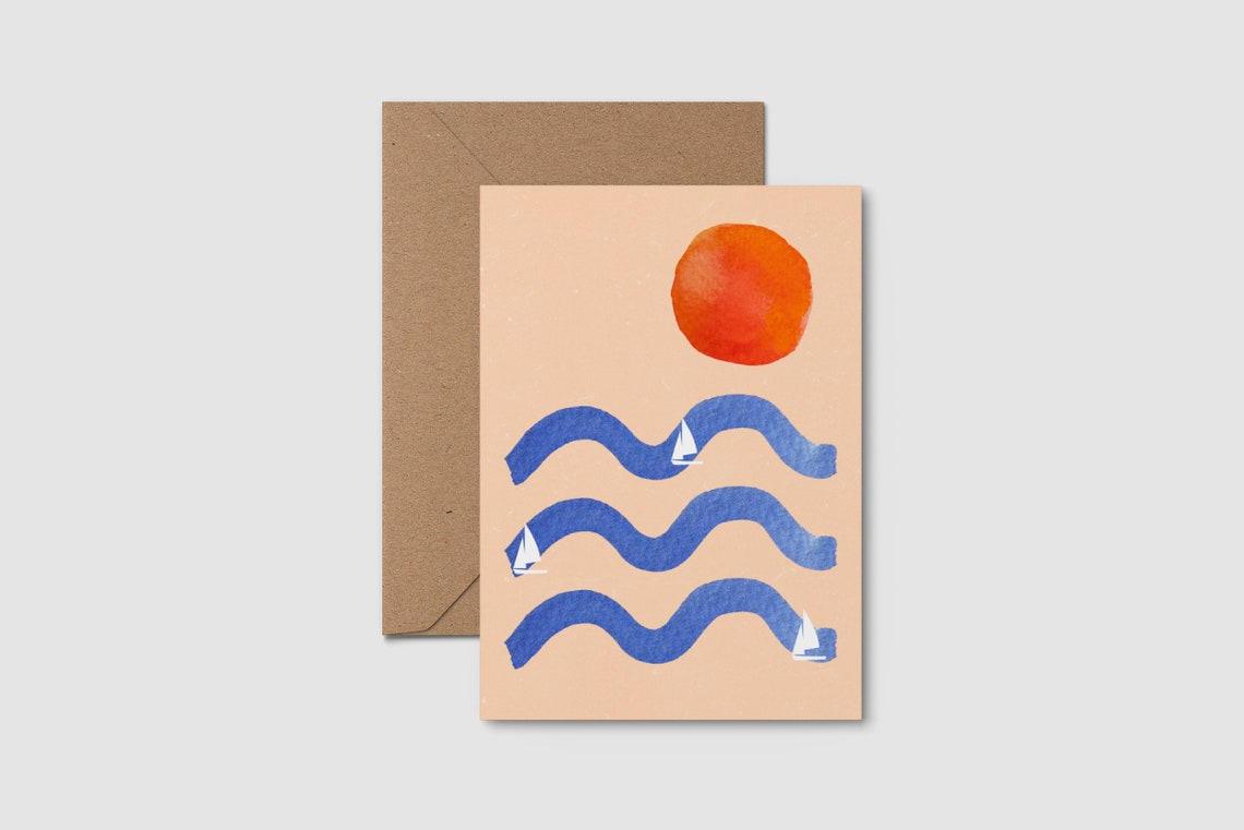 Abstract Waves Sailboats Sunset Minimalist Seaside Card Print - Image 2