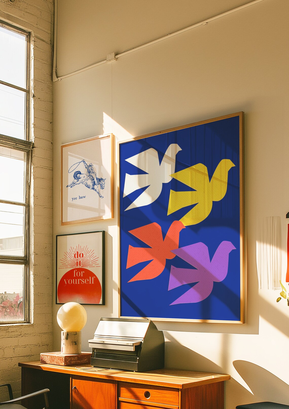 Abstract Colorful Bird Cutouts on Blue Matisse Style Modern Poster - Image 2