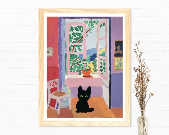 Matisse Style Black Cat by Open Window with Plants Art Poster