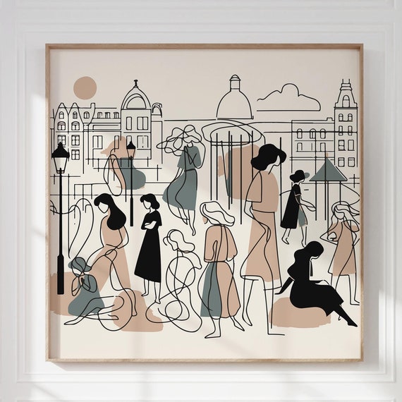 Abstract Women Hanging Out In European City I Pastel Colored Stylish Friendship Appreciation Gift Square Poster I Scandinavian Style
