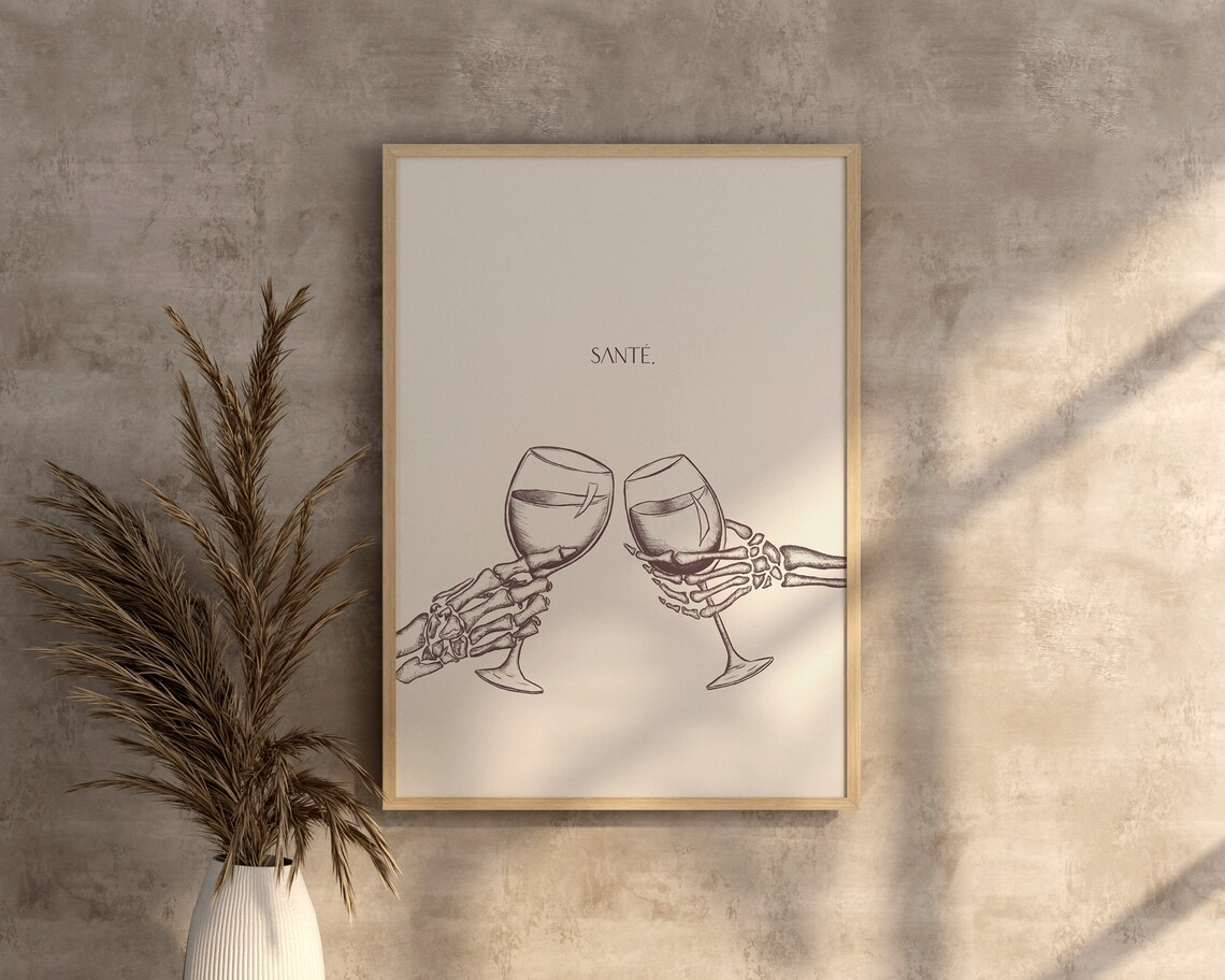 Sante Skeleton Hands Wine Toast Minimal Bar Cart Party Art Poster