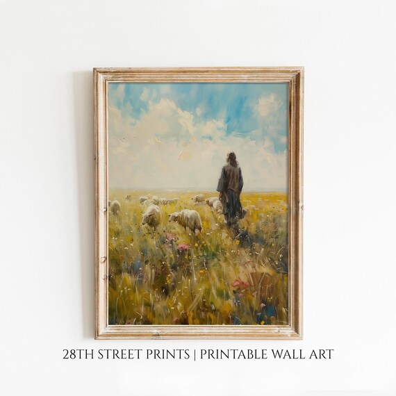 Jesus the Good Shepherd Sheep Meadow Oil Painting Christian Faith Poster