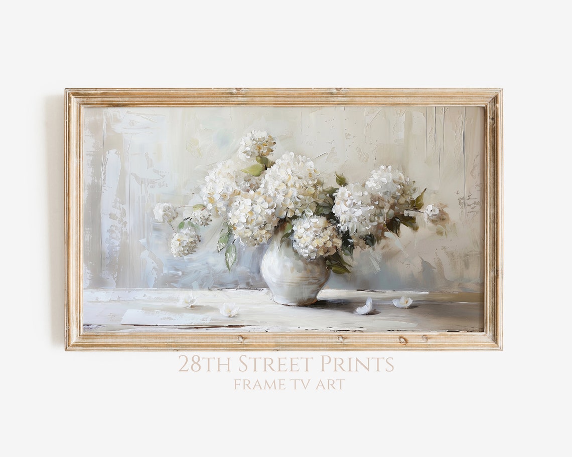 White Hydrangeas Ceramic Vase Soft Neutral Still Life Painting Poster