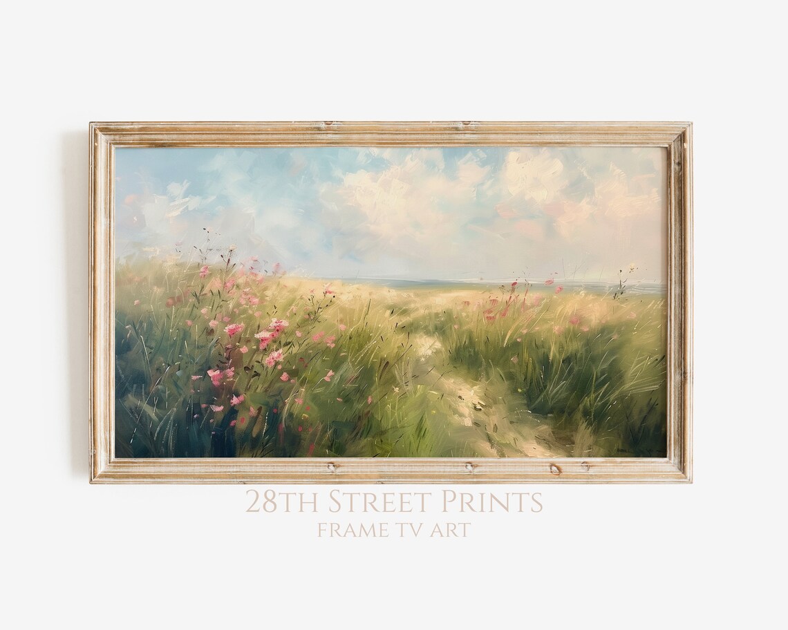Wildflower Trail Pink Blooms Sandy Path Blue Sky Summer Meadow Painting Art Print