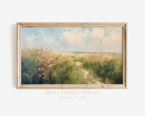 Wildflower Trail Pink Blooms Sandy Path Blue Sky Summer Meadow Painting Art Print