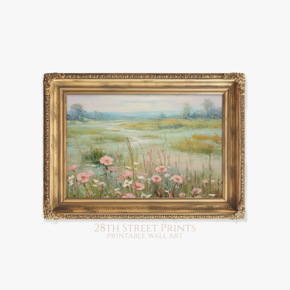 Pink Cosmos Wildflowers Misty Marsh Meadow Soft Spring Landscape Painting Art Print - Image 2