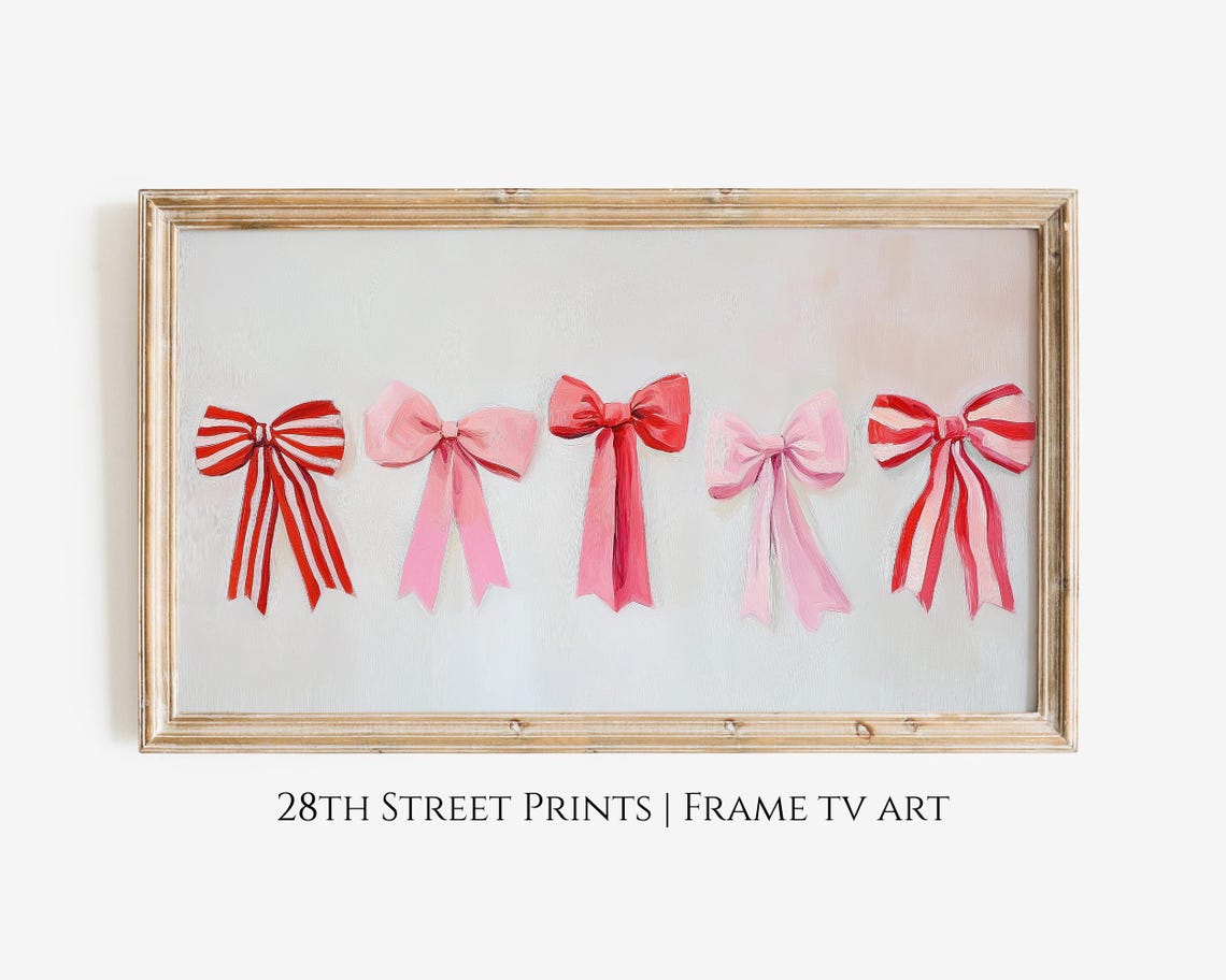 Valentine Pink Red Striped Bow Row Coquette Holiday Painting Poster
