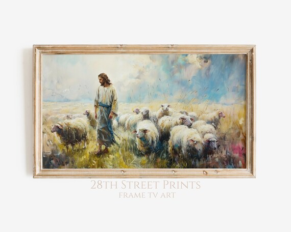 Jesus Christ Good Shepherd Walking With Sheep Golden Wheat Field Art Print
