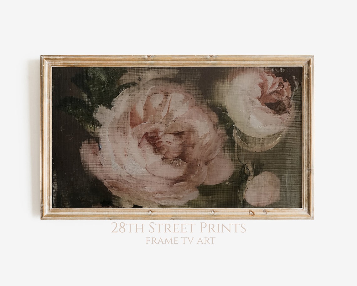 Vintage Pink Peonies Moody Dark Background Romantic Floral Wall Art