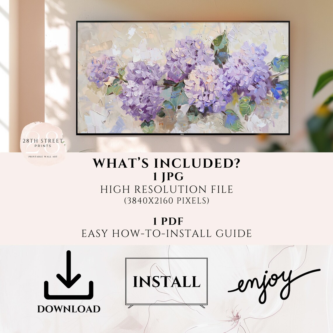 Purple Hydrangea Bloom Clusters Cream Background Textured Floral Art Print - Image 2