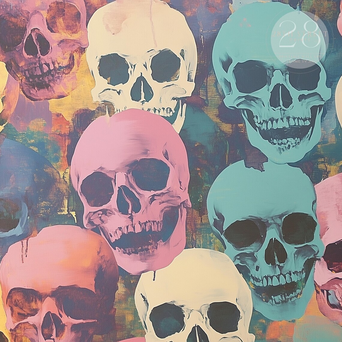 Colorful Pop Art Skulls Pink Teal Yellow Spooky Halloween Painting Poster - Image 3
