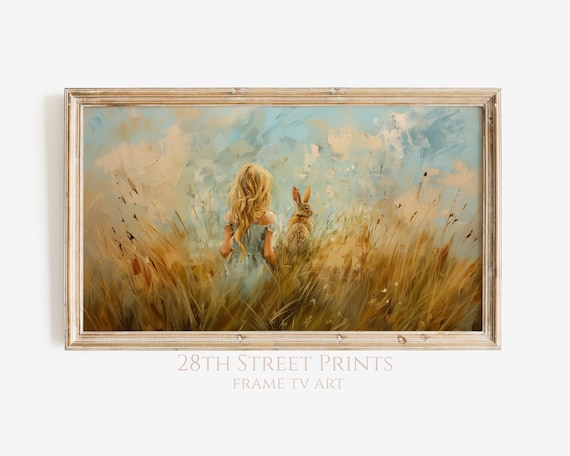 Blonde Girl Bunny Golden Wheat Field Dreamy Cloudy Spring Painting Art Print