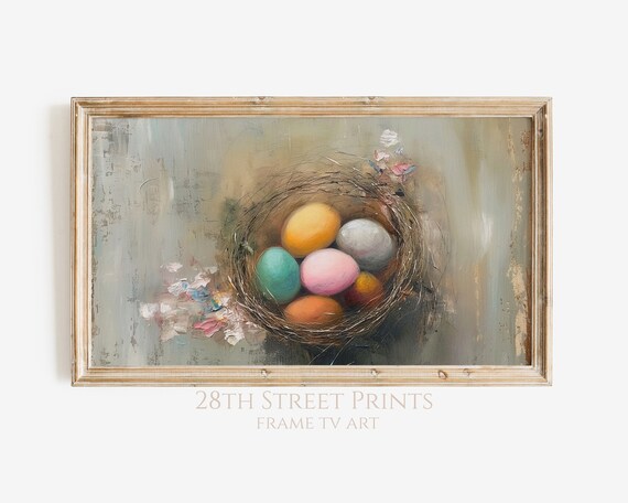 Colorful Easter Eggs In Bird Nest Pink Blossom Spring Oil Painting Art Print