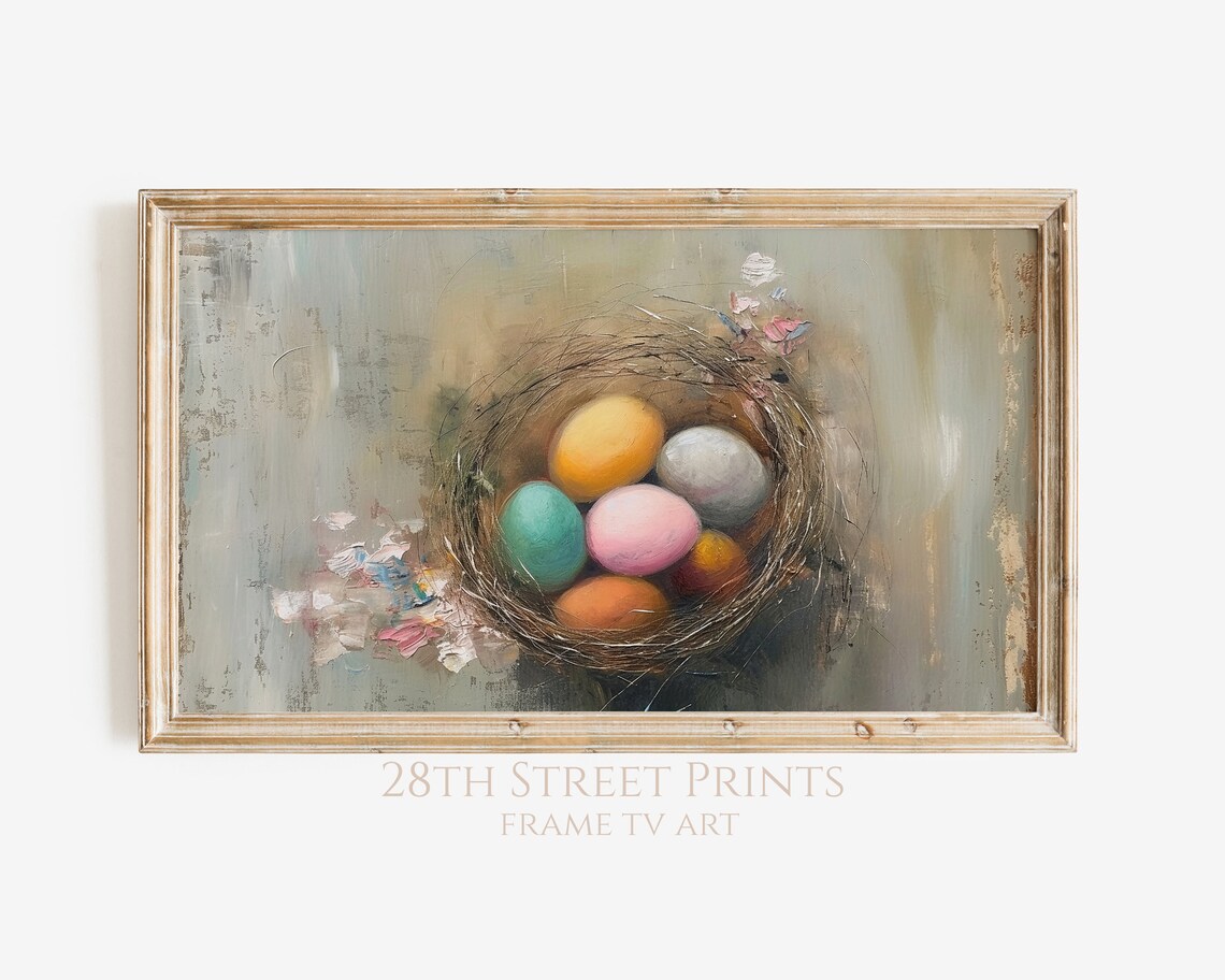Colorful Easter Eggs In Bird Nest Pink Blossom Spring Oil Painting Art Print