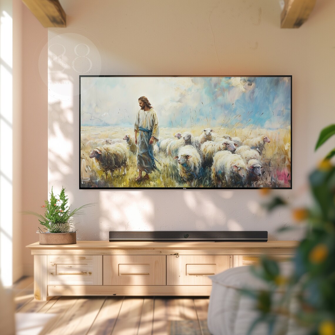 Jesus Christ Good Shepherd Walking With Sheep Golden Wheat Field Art Print - Image 2