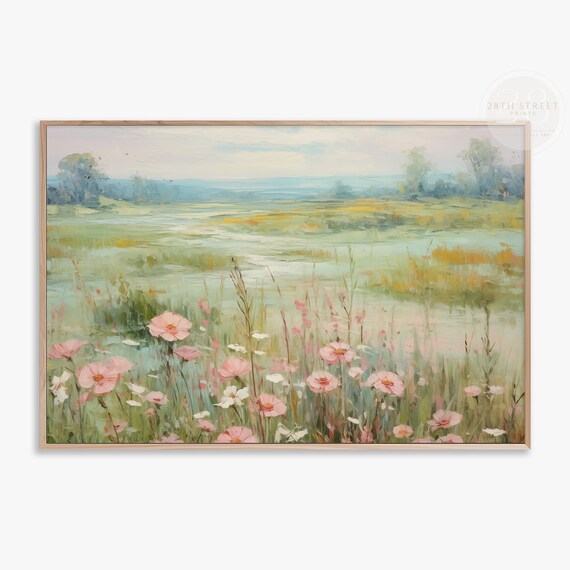 Pink Cosmos Wildflowers Misty Marsh Meadow Soft Spring Landscape Painting Art Print