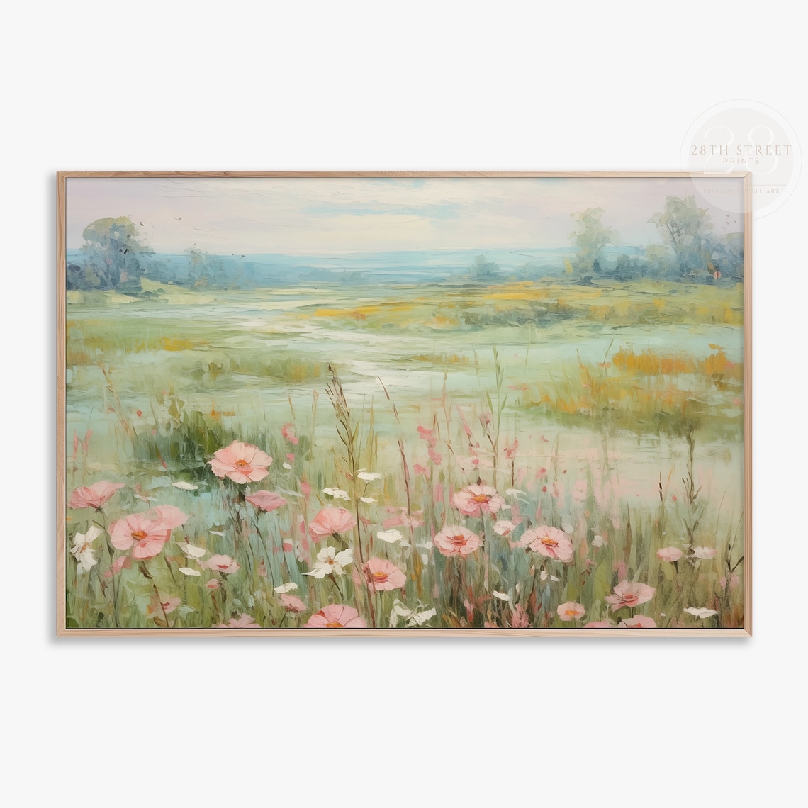 Pink Cosmos Wildflowers Misty Marsh Meadow Soft Spring Landscape Painting Art Print