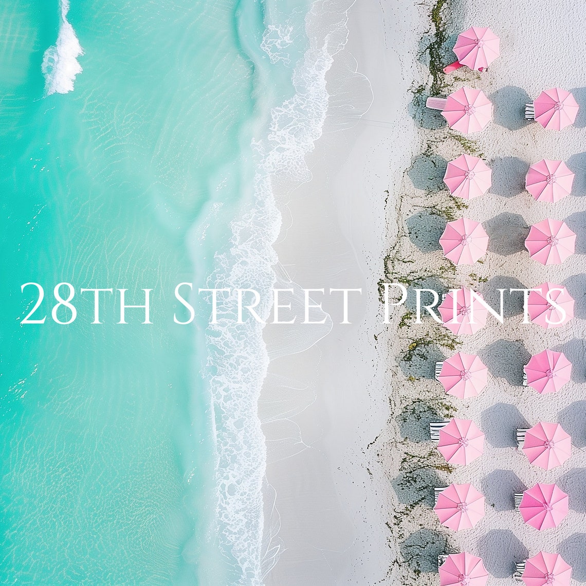 Aerial Beach View Pink Umbrellas Turquoise Ocean White Sand Poster - Image 2