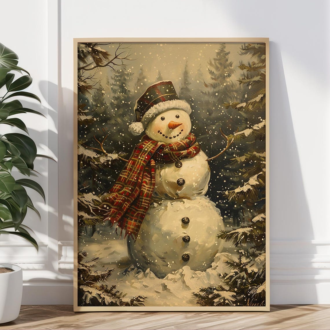 Smiling Snowman With Plaid Scarf and Hat Among Pines Wall Art - Image 5