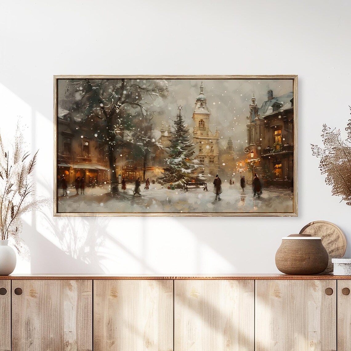Old Town Square Snowfall Christmas Market Winter Painting Poster - Image 3