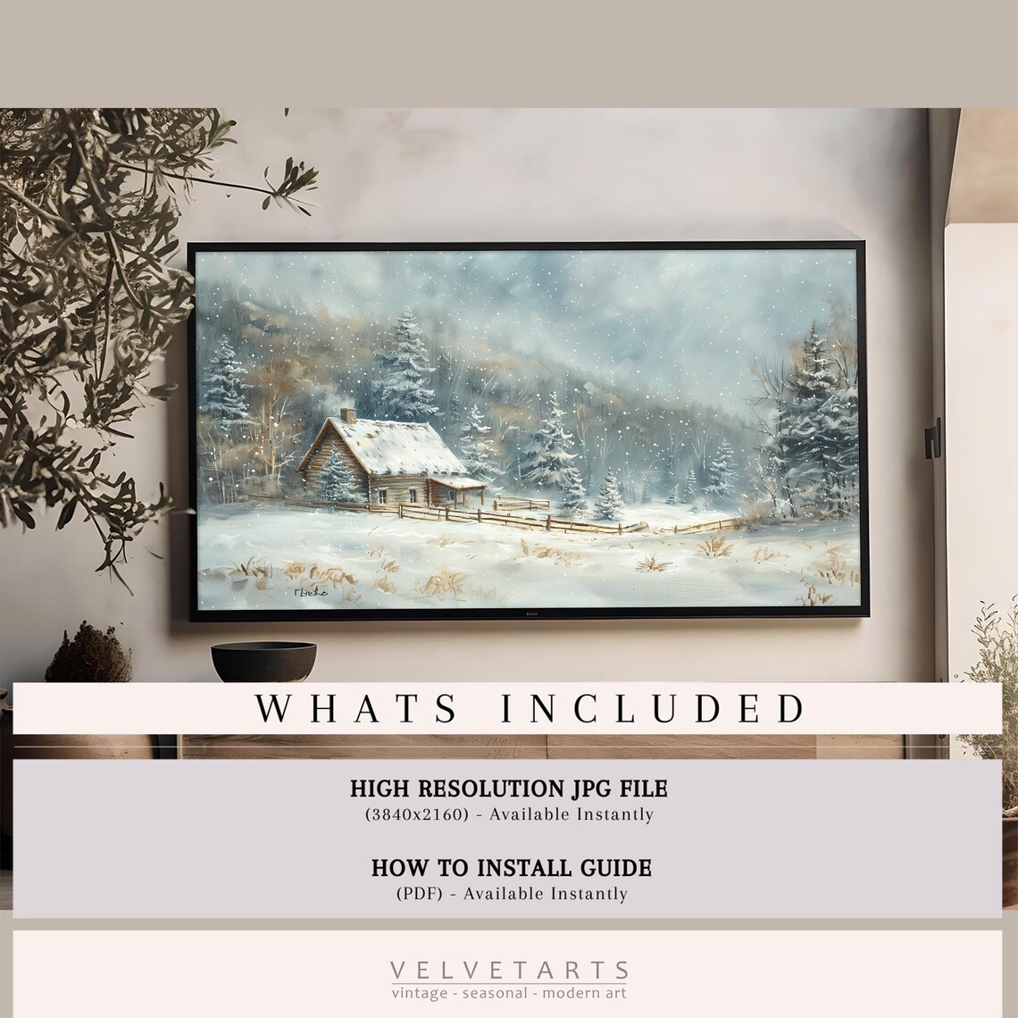 Frame Tv Art Snow Cabin In Winter Landscape Christmas Decor Winter Festive Painting Farmhouse Art Christmas Tv0213 - Image 4
