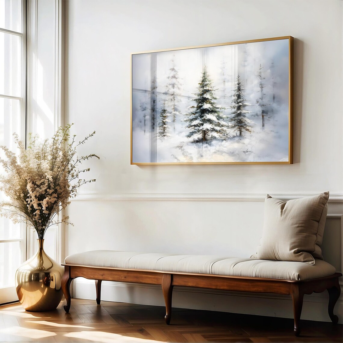 Snowy Evergreen Trees in a Misty Winter Forest Soft Painting Poster - Image 5