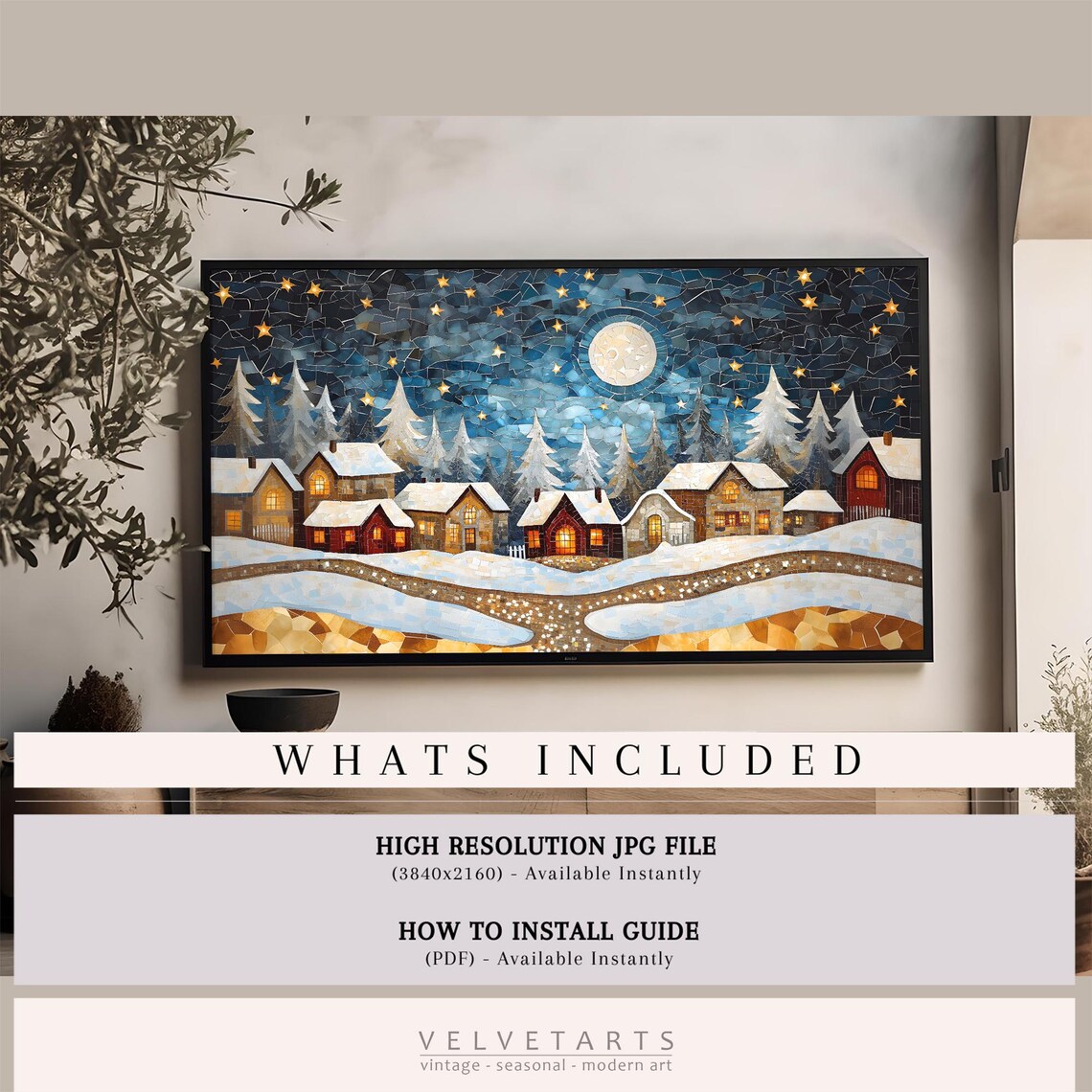 Frame Tv Art Mosaic Village Moonlit Sky Christmas Decor Winter Festive Painting Farmhouse Art Christmas Tv0196 - Image 4
