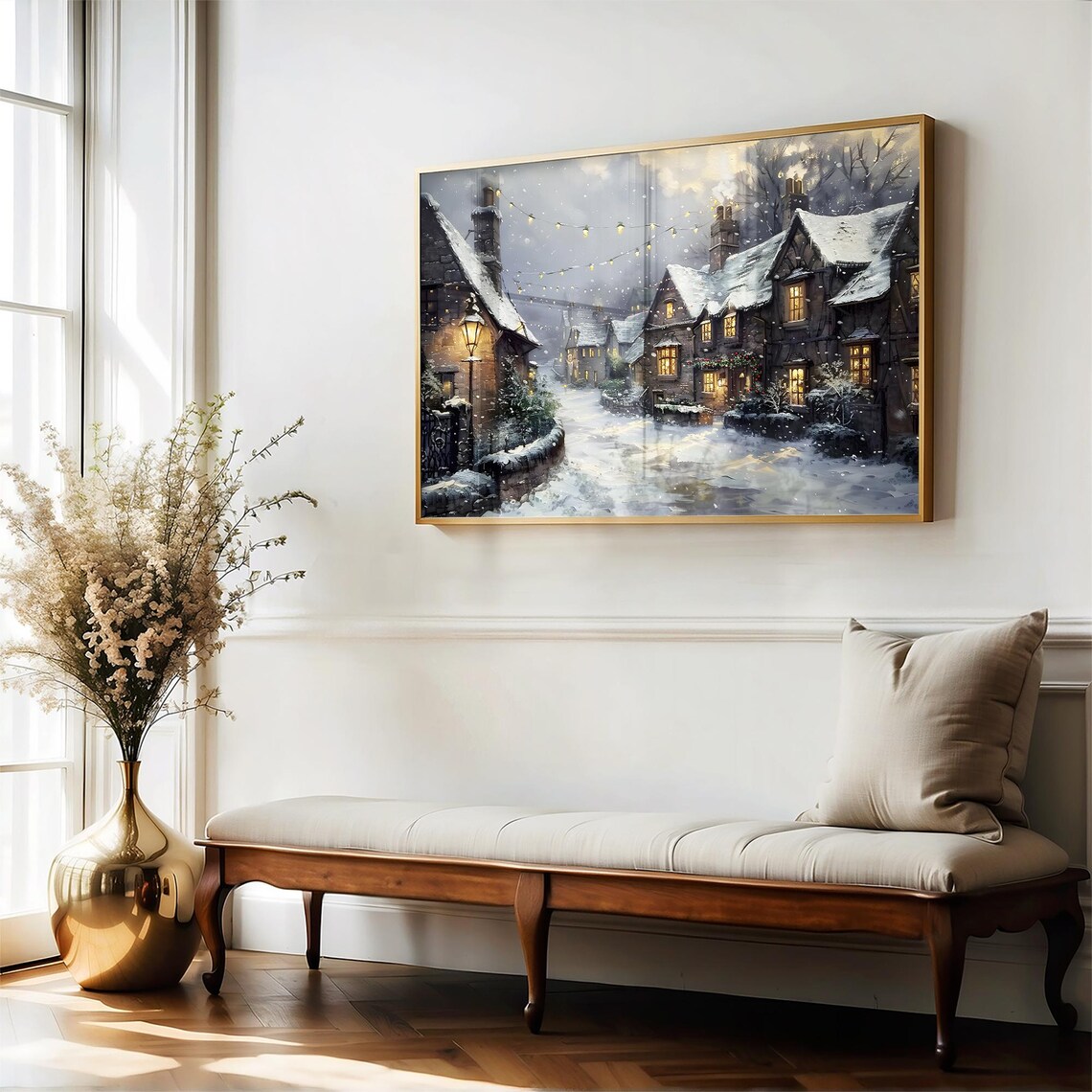 Snowy Village Street Night Glowing Windows Cottage Wall Art Poster - Image 5
