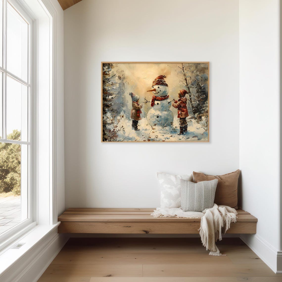 Two Children Building a Snowman in Golden Snowfall Art Poster - Image 3