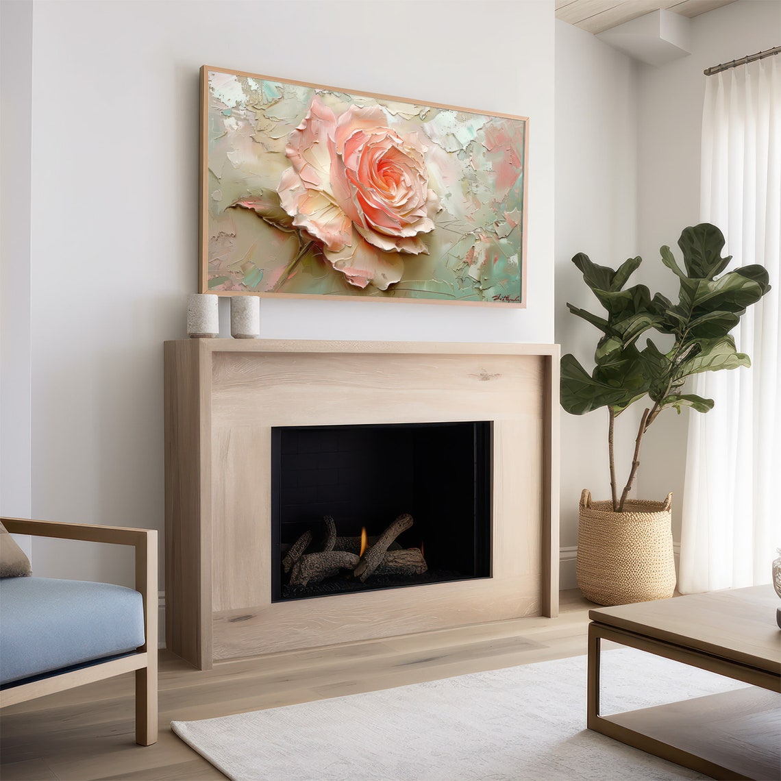 Peach Rose Elegance Textured Impasto Floral Painting Wall Art - Image 2