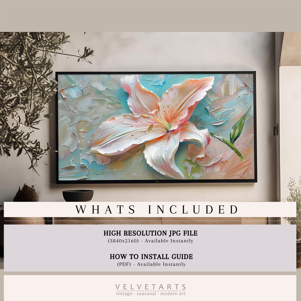 Blooming Lily Pink White Teal Textured Floral Painting Wall Art - Image 4
